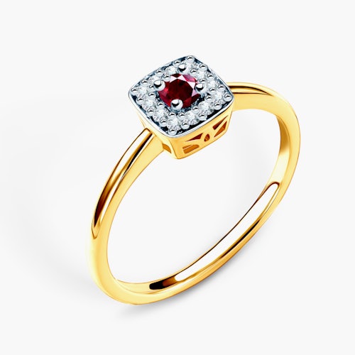 Pierścionek zaręczynowy SAVICKI: dwukolorowe złoto, rubin, diamenty